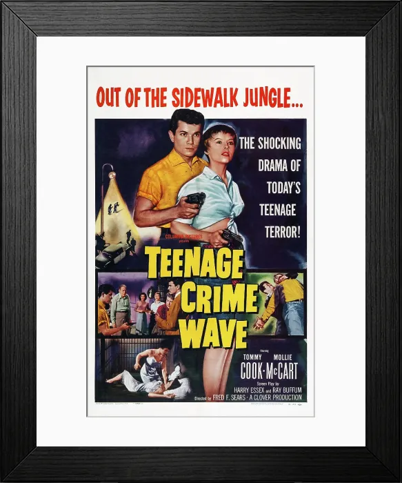 Framed Print : TEEN-AGE CRIME WAVE, (aka TEENAGE CRIME WAVE), US poster art, from left: Tommy Cook, Molly McCart, 1955 Framed Print : TEEN-AGE CRIME WAVE, (aka TEENAGE CRIME WAVE), US poster art, from left: Tommy Cook, Molly McCart, 1955