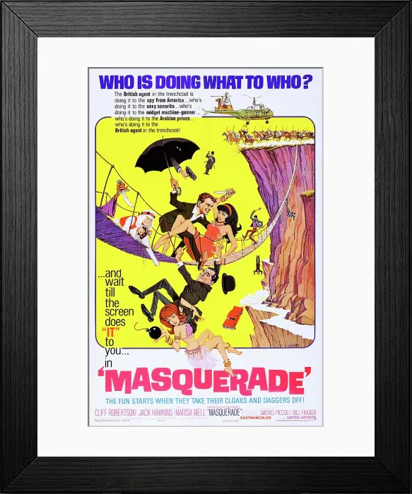 Framed Print : MASQUERADE, US poster, center from left: Cliff Robertson, Marisa Mell, Jack Hawkins (hanging on), 1965