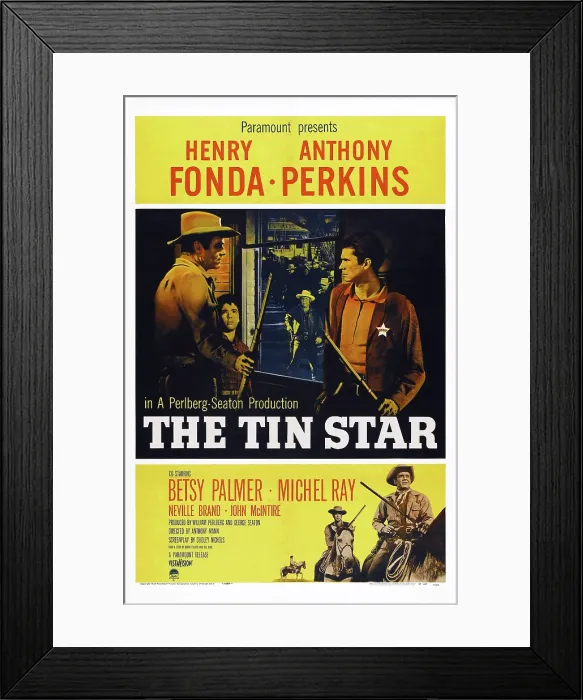 Framed Print : THE TIN STAR, US poster, top from left: Henry Fonda, Michel Ray, Neville Brand, Anthony Perkins, bottom from front: Henry Fonda, Anthony Perkins, 1957