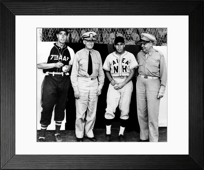 Framed Print : Joe DiMaggio and Harold Pee Wee Reese sign baseballs for Vice Admiral Robert L. Ghormley and Brigadier General William J. Flood. DiMaggio played for the Army team, 1944