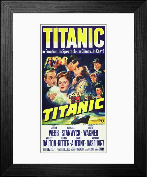 Framed Print : TITANIC, l-r: Clifton Webb, Barbara Stanwyck, Robert Wagner, Audrey Dalton, Richard Basehart, Brian Aherne, Thelma Ritter, 1953, TM and Copyright 20th Century-Fox Film Corp