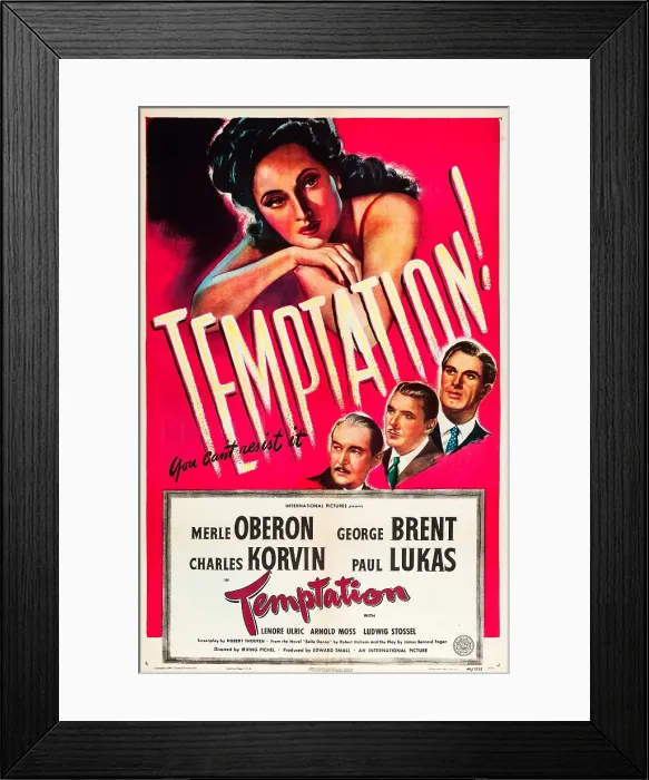 Framed Print : TEMPTATION, US poster, Merle Oberon, Paul Lukas, George Brent, Charles Korvin, 1946 Framed Print : TEMPTATION, US poster, Merle Oberon, Paul Lukas, George Brent, Charles Korvin, 1946