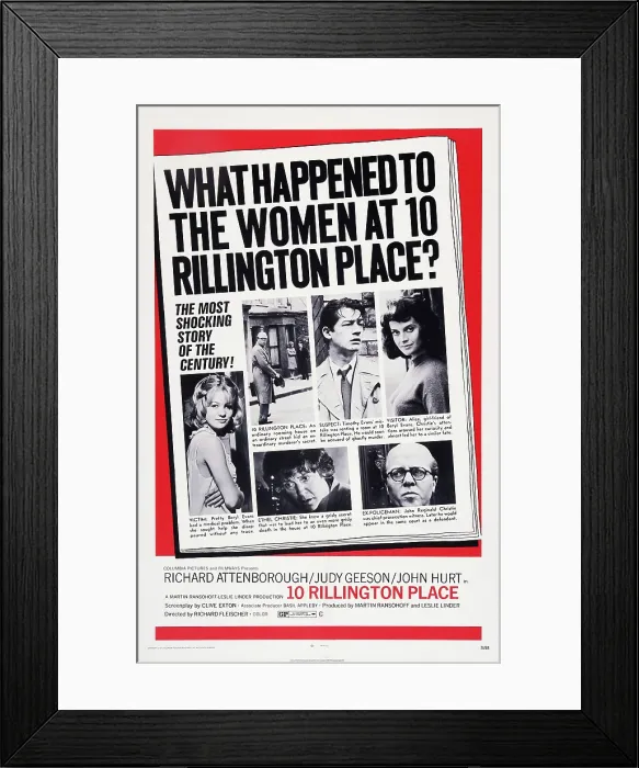 Framed Print : 10 RILLINGTON PLACE, US poster art, bottom from left: Judy Geeson, Pat Heywood, Richard Attenborough; top from left: Richard Attenborough, John Hurt, Isobel Black, 1971