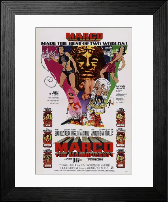 Framed Print : MARCO THE MAGNIFICENT, (aka LA FABULEUSE AVENTURE DE MARCO POLO), US poster, left from top: Anthony Quinn, Elsa Martinelli, Akim Tamiroff, right from top: Omar Sharif Framed Print : MARCO THE MAGNIFICENT, (aka LA FABULEUSE AVENTURE DE MARCO POLO), US poster, left from top: Anthony Quinn, Elsa Martinelli, Akim Tamiroff, right from top: Omar Sharif