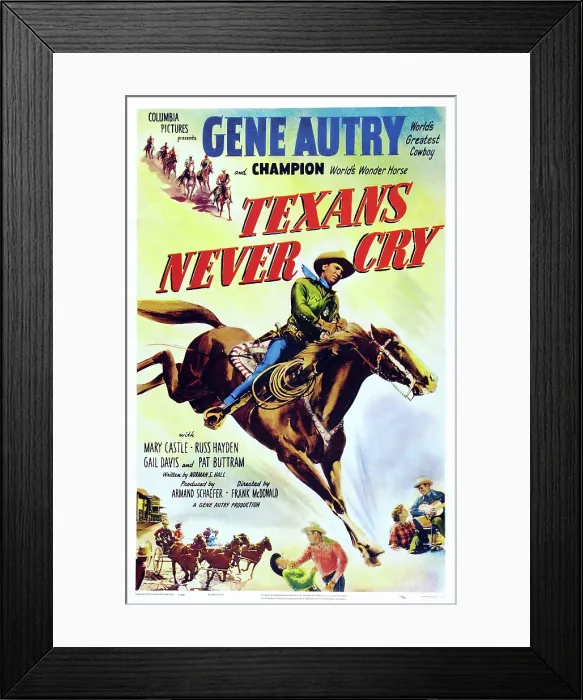 Framed Print : TEXANS NEVER CRY, US poster art, Gene Autry with Champion the horse, 1951