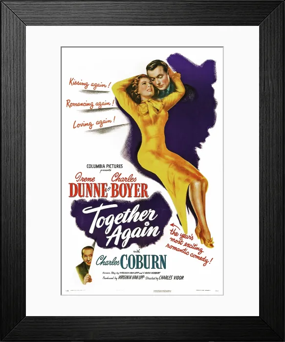 Framed Print : TOGETHER AGAIN, US poster art, top: from left, Irene Dunne, Charles Boyer; lower left: Charles Coburn, 1944