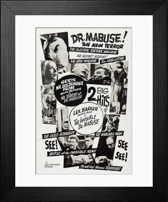 Framed Print : THE TERROR OF DR. MABUSE, (aka TERROR OF THE MAD DOCTOR), US poster art, 1962, double bill: THE INVISIBLE DR. MABUSE, US poster art, 1962
