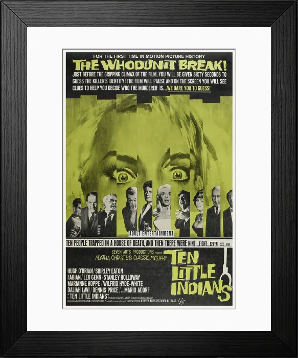Framed Print : TEN LITTLE INDIANS, (aka AGATHA CHRISTIE'S TEN LITTLE INDIANS), US poster art, Mario Adorf, Stanley Holloway, Leo Genn, Shirley Eaton, Hugh O'Brian, Fabian, Daliah Lavi