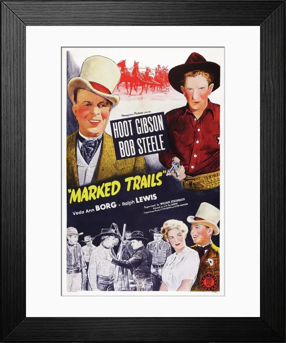 Framed Print : MARKED TRAILS, US poster, top from left: Hoot Gibson, Bob Steele, bottom right from second from right: Veda Ann Borg, Mauritz Hugo, 1944