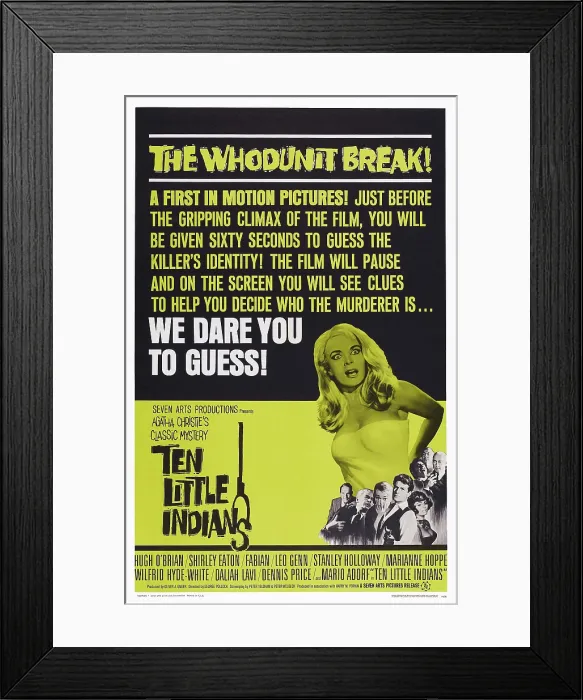 Framed Print : TEN LITTLE INDIANS, (aka AGATHA CHRISTIE'S TEN LITTLE INDIANS), US poster art, top: Shirley Eaton; bottom: Stanley Holloway, Leo Genn, Shirley Eaton, Mario Adorf, Daliah Lavi