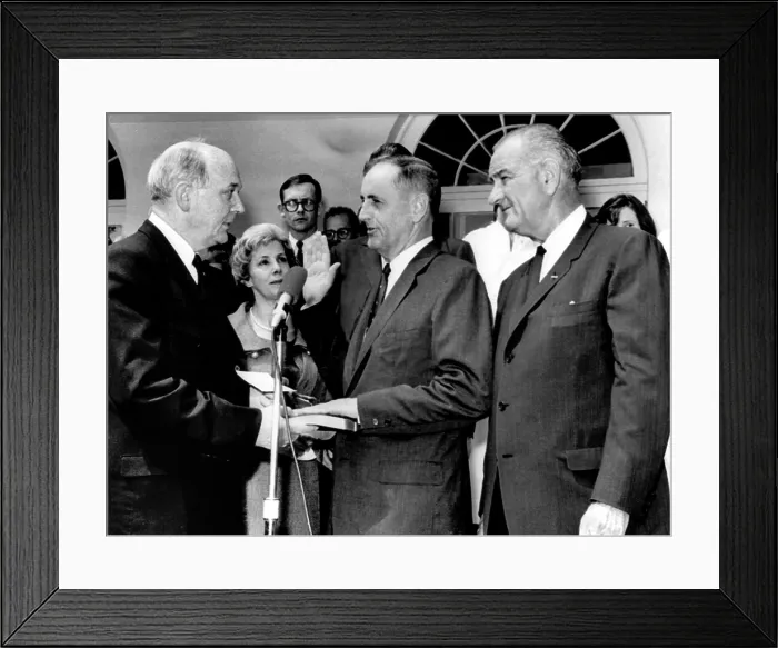 Framed Print : Secretary of State Dean Rusk (far left), administers the oath to new Secretary of Health, Education and Welfare, John W Framed Print : Secretary of State Dean Rusk (far left), administers the oath to new Secretary of Health, Education and Welfare, John W