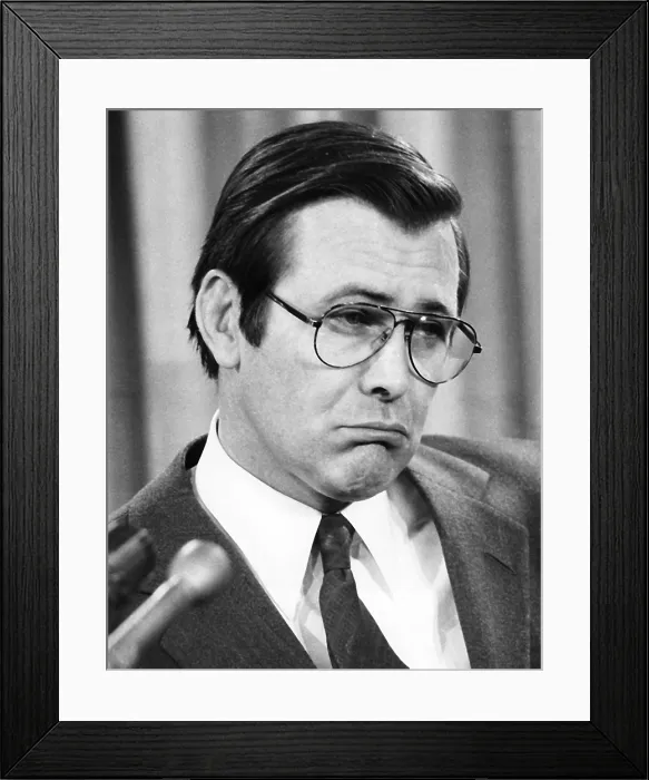 Framed Print : DONALD RUMSFELD, during press conference about the U.S. selling arms to Egypt, 1976. Courtesy: CSU Archives / Everett Collection