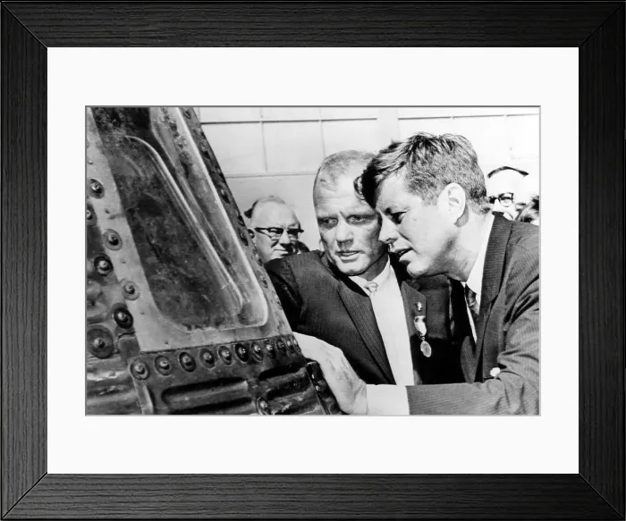 Framed Print : Astronaut John Glenn and President John F. Kennedy look throught the porthole into the Mercury Friendship 7 space capsule. Cape Canaveral, Florida, February 23, 1962