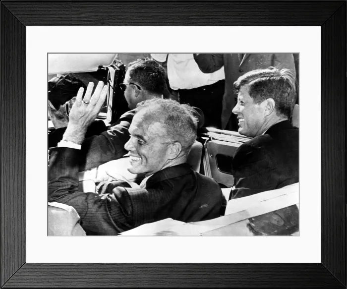 Framed Print : Astronaut John Glenn and President John F. Kennedy wave and smile to a cheering crowd.Cape Canaveral, Florida, February 23, 1962. Courtesy: CSU Archives / Everett Collection