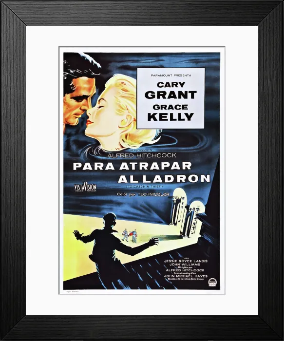 Framed Print : TO CATCH A THIEF, (aka PARA ATRAPAR AL LADRON), top l-r: Cary Grant, Grace Kelly on Spanish poster art, 1955 Framed Print : TO CATCH A THIEF, (aka PARA ATRAPAR AL LADRON), top l-r: Cary Grant, Grace Kelly on Spanish poster art, 1955