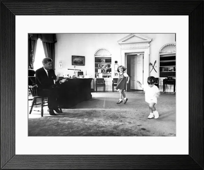 Framed Print : John F. Kennedy, in Oval Office with children Caroline Kennedy and son John F. Kennedy Jr. 1962. Courtesy: CSU Archives  /  Everett Collection