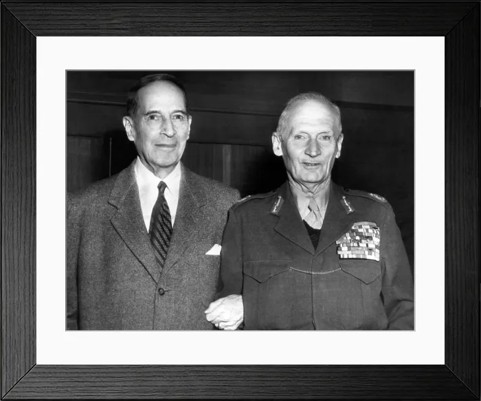 Framed Print : Former General Douglas MacArthur, Field Marshal Bernard Law Montgomery, 1st Viscount Montgomery of Alamein, meeting at MacArthur's Waldorf Astoria Hotel apartment suite