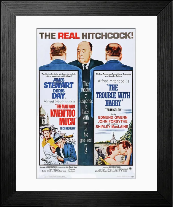 Framed Print : THE MAN WHO KNEW TOO MUCH (on double bill poster with THE TROUBLE WITH HARRY), top: Alfred Hitchcock, bottom l-r: Doris Day, Daniel Gelin, James Stewart, Edmund Gwenn