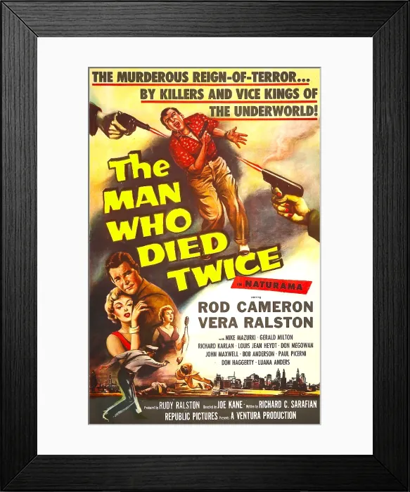 Framed Print : THE MAN WHO DIED TWICE, l-r: Vera Ralston, Rod Cameron on poster art, 1958 Framed Print : THE MAN WHO DIED TWICE, l-r: Vera Ralston, Rod Cameron on poster art, 1958