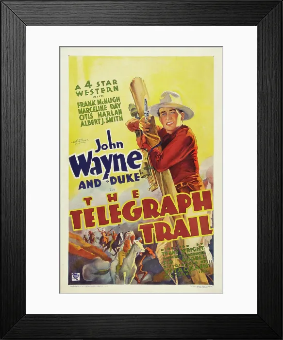 Framed Print : THE TELEGRAPH TRAIL, John Wayne (climbing telegraph pole), 1933 Framed Print : THE TELEGRAPH TRAIL, John Wayne (climbing telegraph pole), 1933
