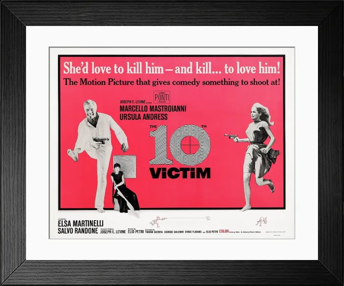 Framed Print : THE 10TH VICTIM, (aka THE TENTH VICTIM, aka LA DECIMA VITTIMA), US poster, from left: Marcello Mastroianni, Elsa Martinelli, Ursula Andress, 1965