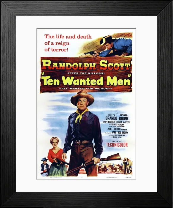 Framed Print : TEN WANTED MEN, US poster art, Jocelyn Brando (second left), Randolph Scott (center), 1955