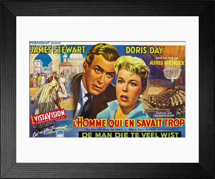 Framed Print : THE MAN WHO KNEW TOO MUCH, (aka L'HOMME QUI EN SAVAIT TROP), l-r: James Stewart, Doris Day on Belgian poster art, 1956