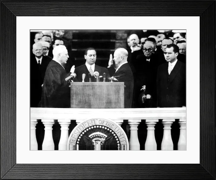 Framed Print : President Dwight D. Eisenhower (3rd from left), being sworn in for his 2nd term; Chief Justice Earl Warren (left), John T. Fey (2nd from left), Vice-President Richard M Framed Print : President Dwight D. Eisenhower (3rd from left), being sworn in for his 2nd term; Chief Justice Earl Warren (left), John T. Fey (2nd from left), Vice-President Richard M