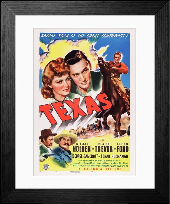 Framed Print : TEXAS, US poster art, top from left: Claire Trevor, William Holden, Glenn Ford; bottom from left: Edgar Buchanan, George Bancroft, 1941