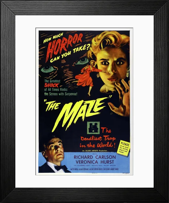 Framed Print : THE MAZE, US poster art, bottom left: Richard Carlson; top right: Veronica Hurst, 1953 Framed Print : THE MAZE, US poster art, bottom left: Richard Carlson; top right: Veronica Hurst, 1953