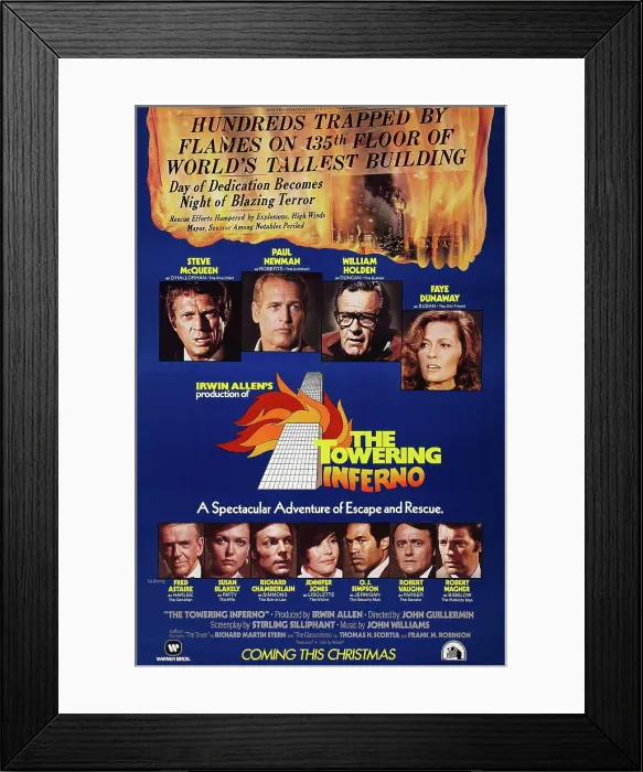 Framed Print : THE TOWERING INFERNO, US advance poster art, top from left: Steve McQueen, Paul Newman, Faye Dunaway; bottom from left: Fred Astaire, Susan Blakely, Richard Chamberlain