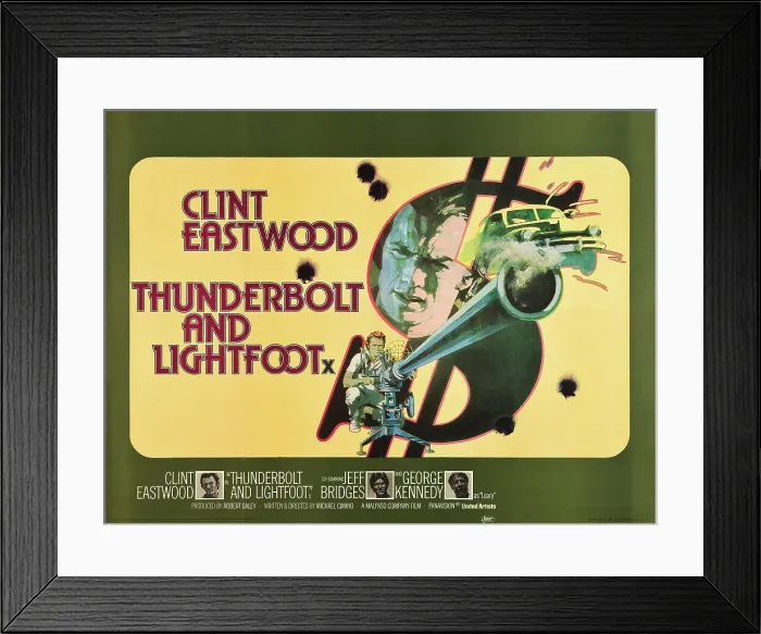 Framed Print : THUNDERBOLT AND LIGHTFOOT, top: Clint Eastwood, bottom l-r: Clint Eastwood, Jeff Bridges, George Kennedy on UK poster art, 1974