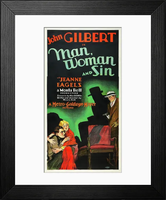 Framed Print : MAN, WOMAN AND SIN, l-r: John Gilbert, Jeanne Eagels on poster art, 1927