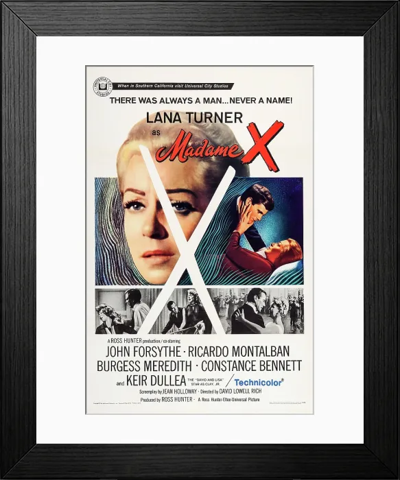 Framed Print : MADAME X, top l-r: Lana Turner, Keir Dullea, bottom l-r: John Forsythe, Lana Turner on poster art, 1966 Framed Print : MADAME X, top l-r: Lana Turner, Keir Dullea, bottom l-r: John Forsythe, Lana Turner on poster art, 1966