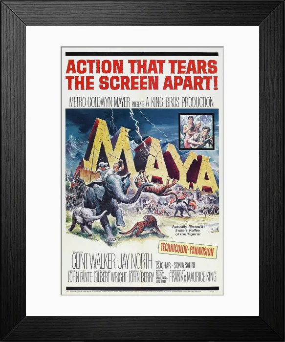 Framed Print : MAYA, top far right: Clint Walker, bottom l-r: Sajid Khan, Jay North on poster art, 1966 Framed Print : MAYA, top far right: Clint Walker, bottom l-r: Sajid Khan, Jay North on poster art, 1966