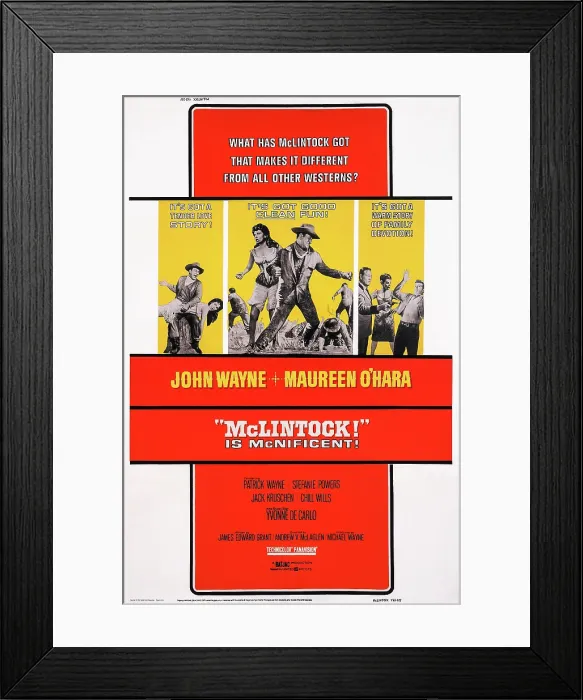 Framed Print : MCLINTOCK!, US poster art, left and center insets: John Wayne, Maureen O'Hara; right inset: John Wayne, Stefanie Powers, Patrick Wayne, 1963