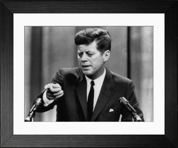 Framed Print : John F. Kennedy, telling a press conference that he believes Congress will pass a tax reduction bill, March 6, 1963. Courtesy: CSU Archives / Everett Collection