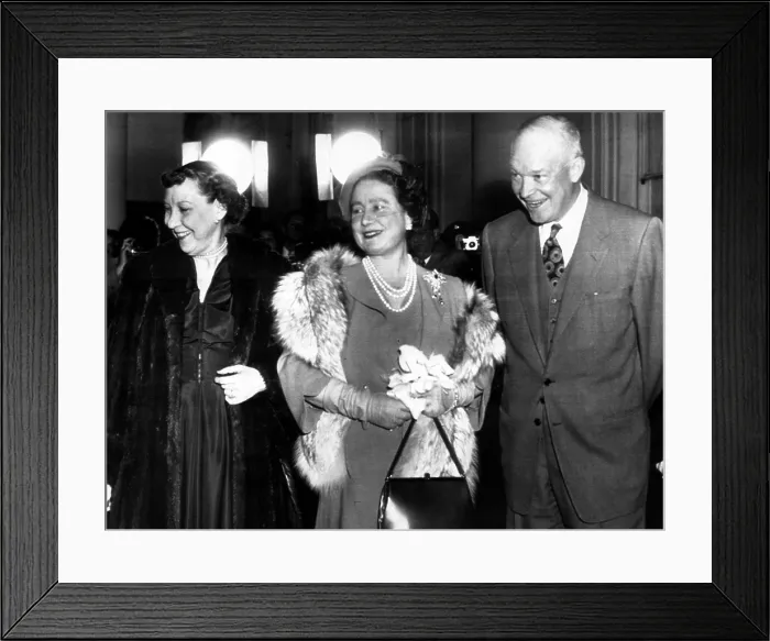 Framed Print : Mamie Eisenhower, Queen Mother Elizabeth, and President Dwight D. Eisenhower on the steps of the White House after a royal visit. November 4, 1954
