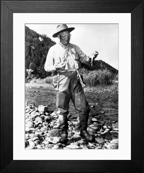 Framed Print : President Dwight D. Eisenhower fishing in the Platte River on Bal Swan's Ranch near Pine, Colorado. October 8, 1954. Courtesy: CSU Archives / Everett Collection Framed Print : President Dwight D. Eisenhower fishing in the Platte River on Bal Swan's Ranch near Pine, Colorado. October 8, 1954. Courtesy: CSU Archives / Everett Collection