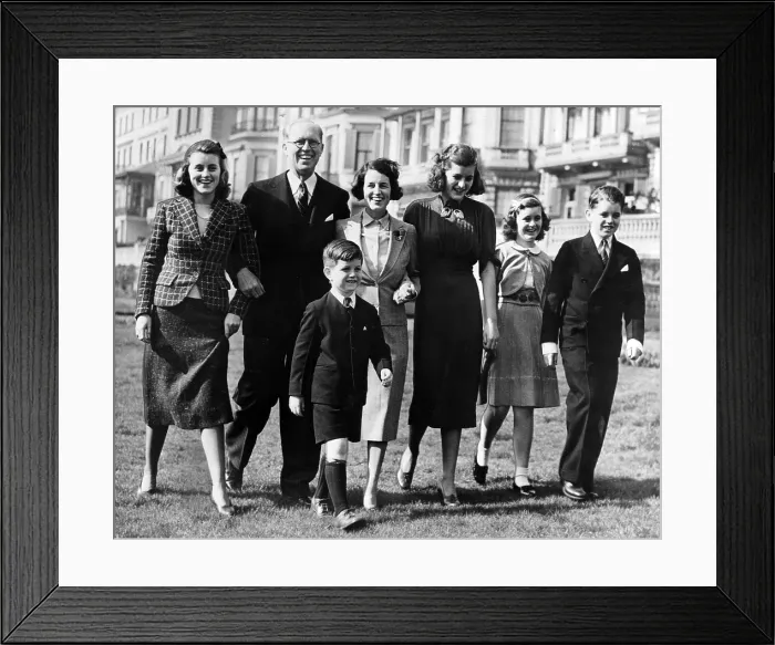 Framed Print : Ambassador Joseph P. Kennedy and family, (l-r) Kathleen, wife Rose, Patricia, Jeanne, Robert, (front) Edward, London, England, March 26, 1938