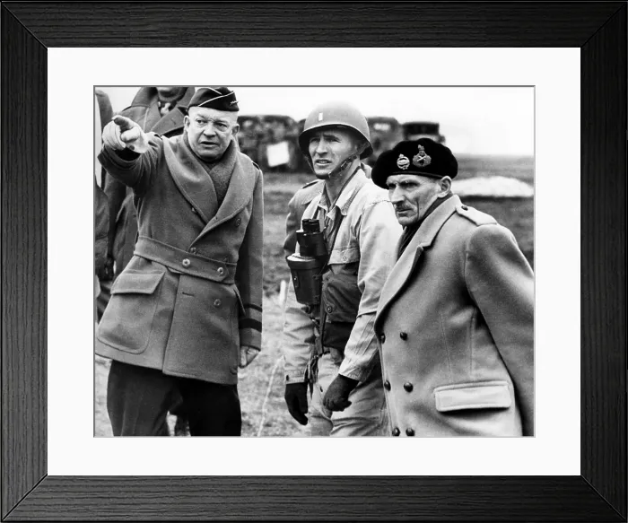 Framed Print : General Dwight D. Eisenhower and Britan's Field Marshall, Bernard Montgomery (far right) confer on the invations plans of Normany in England, 1944 Framed Print : General Dwight D. Eisenhower and Britan's Field Marshall, Bernard Montgomery (far right) confer on the invations plans of Normany in England, 1944