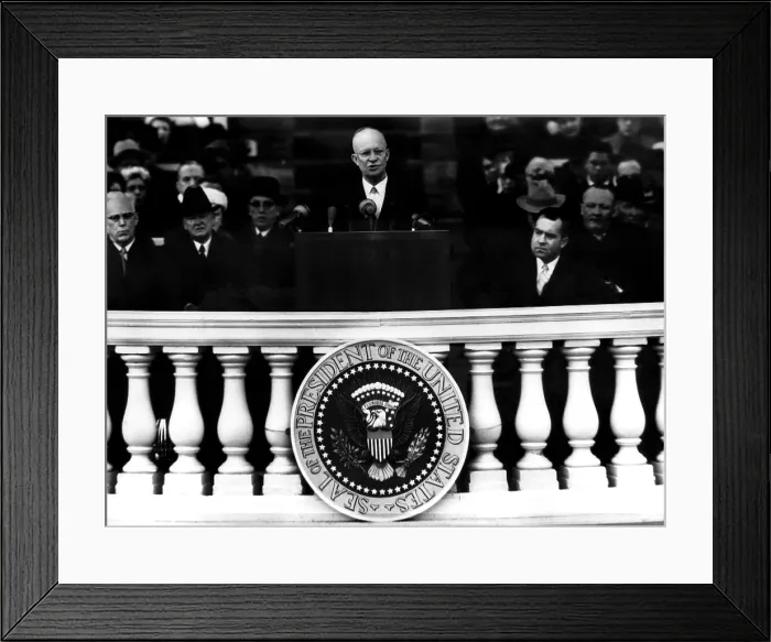 Framed Print : President Dwight D. Eisenhower (c) delivers his 2nd term inaugural address in the Capital Plaza, Washinton DC. January 21, 1957. Courtesy: CSU Archives / Everett Collection Framed Print : President Dwight D. Eisenhower (c) delivers his 2nd term inaugural address in the Capital Plaza, Washinton DC. January 21, 1957. Courtesy: CSU Archives / Everett Collection