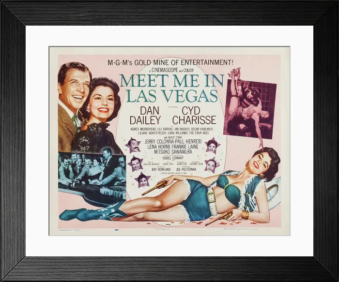Framed Print : MEET ME IN LAS VEGAS, US poster art, left: Dan Dailey, Cyd Charisse; left stars from top: Jerry Colonna, Frankie Laine, Liliane Montevecchi; right stars from top: Lena Horne Framed Print : MEET ME IN LAS VEGAS, US poster art, left: Dan Dailey, Cyd Charisse; left stars from top: Jerry Colonna, Frankie Laine, Liliane Montevecchi; right stars from top: Lena Horne