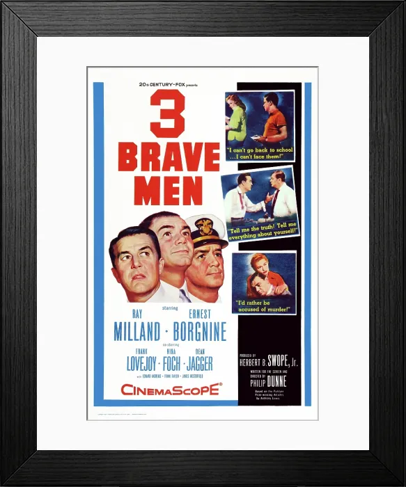 Framed Print : THREE BRAVE MEN, US poster art, from left: Ray Milland, Ernest Borgnine, Frank Lovejoy, 1956. TM & Copyright 20th Century Fox Film Corp
