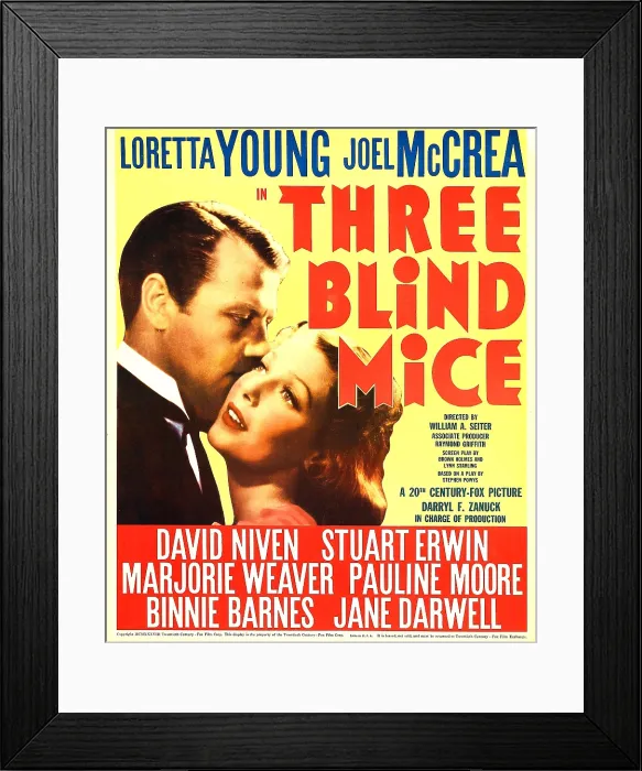 Framed Print : THREE BLIND MICE, from left: Joel McCrea, Loretta Young on window card, 1938