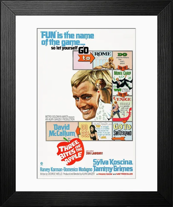 Framed Print : THREE BITES OF THE APPLE, US poster art, from left: David McCallum, Sylva Koscina, 1967