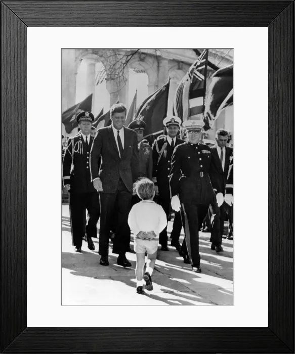 Framed Print : Major Gen. Chester V. Clifton, Army aide, John F. Kennedy, Brig. Gen. Godfrey McHugh, Air Force, John F. Kennedy Jr. (front), Capt. Tazewell T