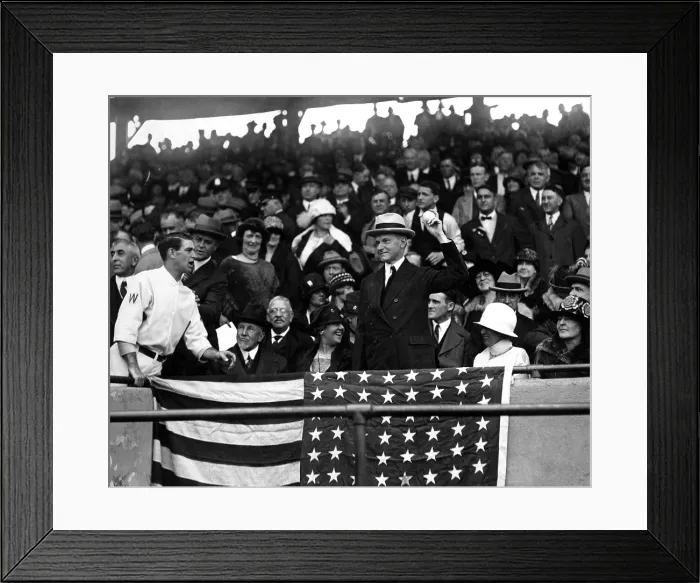 Framed Print : President Calvin Coolidge pitches the first ball to start the 1924 World Series, Washington Senators vs NY Giants, 10 / 5 / 24. Courtesy: CSU Archives / Everett Collection Framed Print : President Calvin Coolidge pitches the first ball to start the 1924 World Series, Washington Senators vs NY Giants, 10 / 5 / 24. Courtesy: CSU Archives / Everett Collection