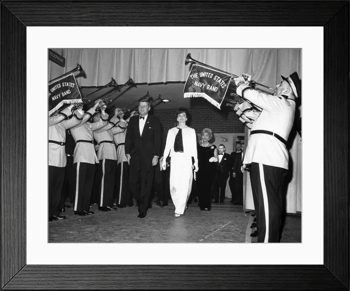 Framed Print : John F. Kennedy (left of center), Jackie Kennedy (center), pass between rows of trumpeters of the U.S Framed Print : John F. Kennedy (left of center), Jackie Kennedy (center), pass between rows of trumpeters of the U.S