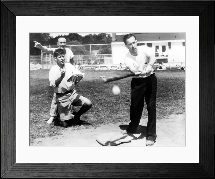 Framed Print : Montana Senator Mike Mansfield (pointing), Massachusetts Senator John F. Kennedy, Washington Senator Henry Jackson, playing baseball in Washington, D.C. c. 1950's